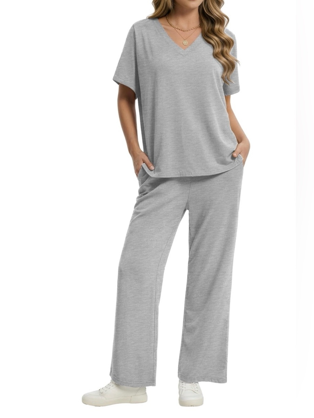 Everyday V-Neck, Wide Leg Pant Lounge Set in Gray - Relaxed Fit - 2XL